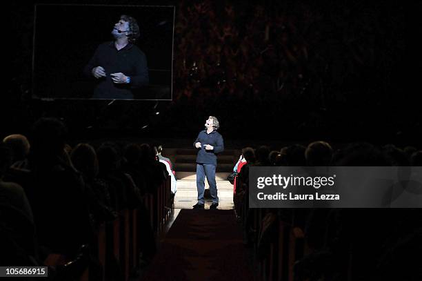 Italian comedian, blogger and political activist Beppe Grillo performs during one of his shows at the Teatro Goldoni on October 18, 2010 in Livorno,...