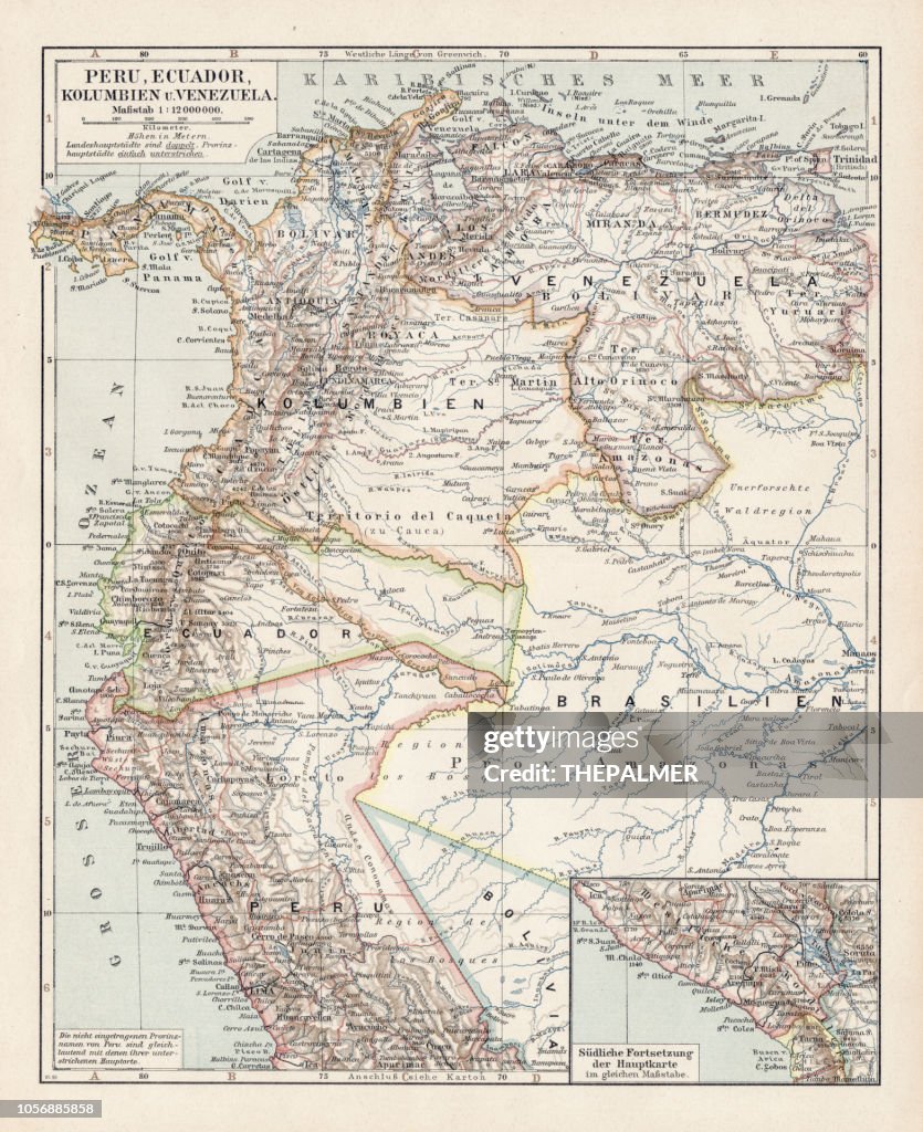 Karta över Peru, Colombia, Venezuela, Ecuador 1900
