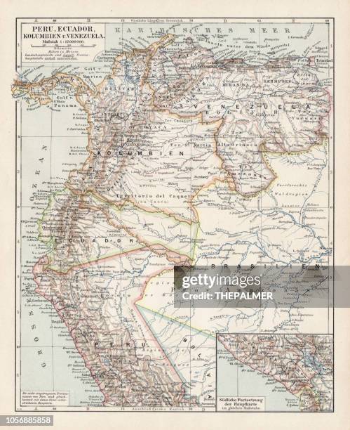 map of peru, colombia, venezuela, ecuador 1900 - ecuador map stock illustrations