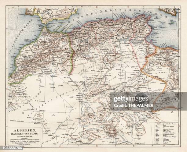 map of algeria, morocco, tunisia, 1900 - north africa stock illustrations