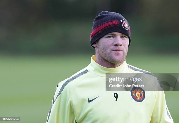 Wayne Rooney of Manchester United in action during a first team training session, ahead of their UEFA Champions League match against Bursaspor, at...