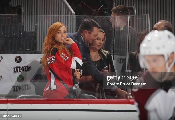 Becky Lynch of the WWE attends the game between the New Jersey Devils and the Colorado Avalanche at the Prudential Center on October 18, 2018 in...