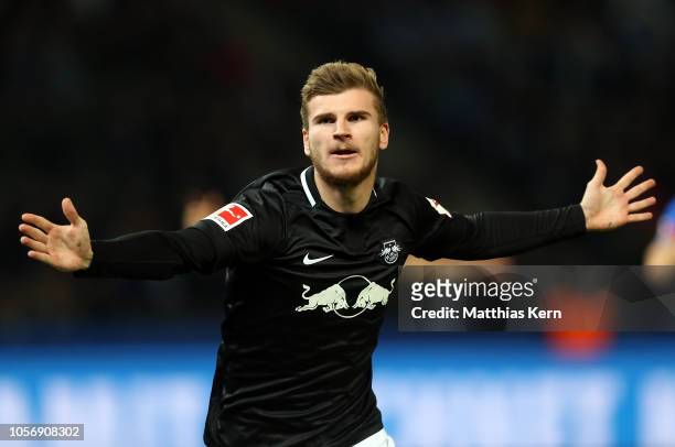 Timo Werner of Leipzig celebrates after scoring his team's first goal during the Bundesliga match between Hertha BSC and RB Leipzig at Olympiastadion...