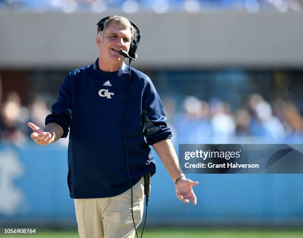 Head coach Paul Johnson of the Georgia Tech Yellow Jackets reacts during their game against the North Carolina Tar Heels in the first half at Kenan...