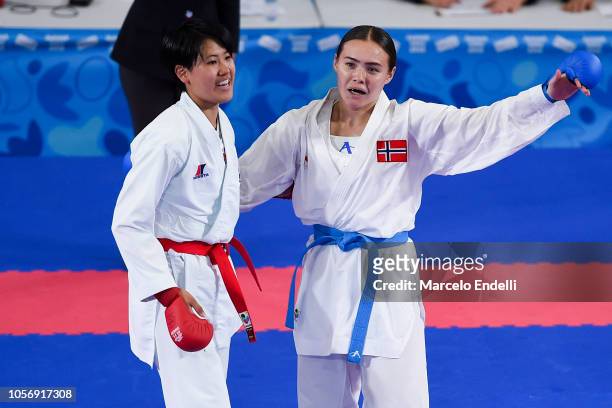 Annika Saelid of Norway celebrates after winning the Golden Medal after the Women's Kumite +59kg Final Bout against Sakura Sawashima of Japan during...