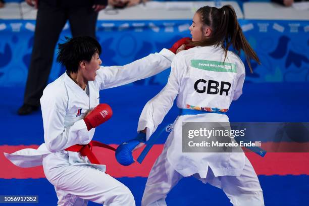 Sakura Sawashima of Japan and Lauren Salisbury of United Kingdom compete in the Women's Kumite +59kg Semifinal during day 12 of the Buenos Aires...