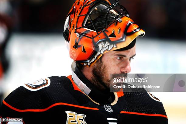 Ryan Miller of the Anaheim Ducks skates in warm-ups prior to the game against the New York Islanders on October 17, 2018 at Honda Center in Anaheim,...