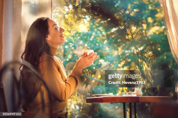 frau trinkt tee oder kaffee zu hause. blick durch das fenster - enjoying coffee cafe morning light stock-fotos und bilder