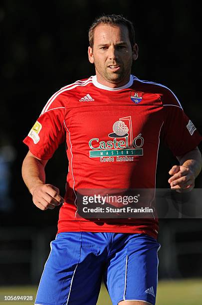 Sergio Garcia of Spain in action as he takes part in a charity football match between players and caddies of the european tour and the team of...