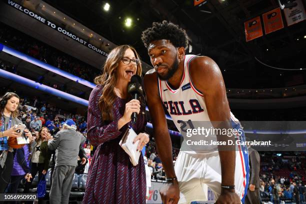 Joel Embiid of the Philadelphia 76ers talks with the media after the game against the Detroit Pistons on November 3, 2018 at the Wells Fargo Center...