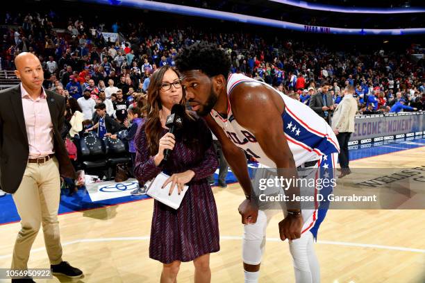 Joel Embiid of the Philadelphia 76ers talks with the media after the game against the Detroit Pistons on November 3, 2018 at the Wells Fargo Center...