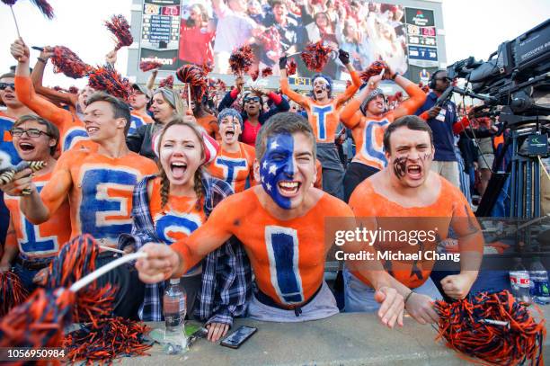 Fans of the Auburn Tigers cheer for their team during their game against the Texas A&M Aggies at Jordan-Hare Stadium on November 3 2018 in Auburn,...