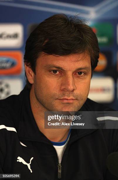 Ertugrul Saglam the coach of Buraspor faces the media during a press conference at Old Trafford on October 19, 2010 in Manchester, England.