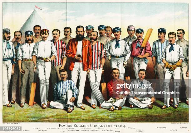 Illustrated lithographic portrait shows �Famous English Cricketers, 1880.� Pictured are, from left, James Lillywhite , John Selby , Alfred Shaw ,...