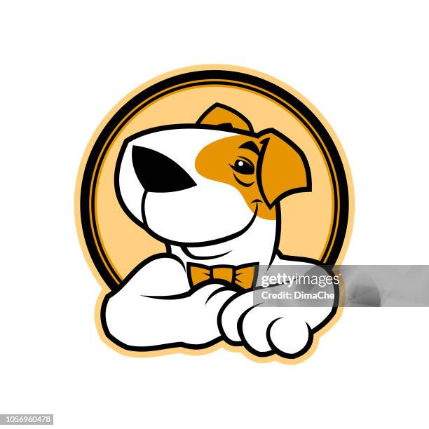 cartoon dog character in bow tie - round emblem - sports mascot logo stock illustrations