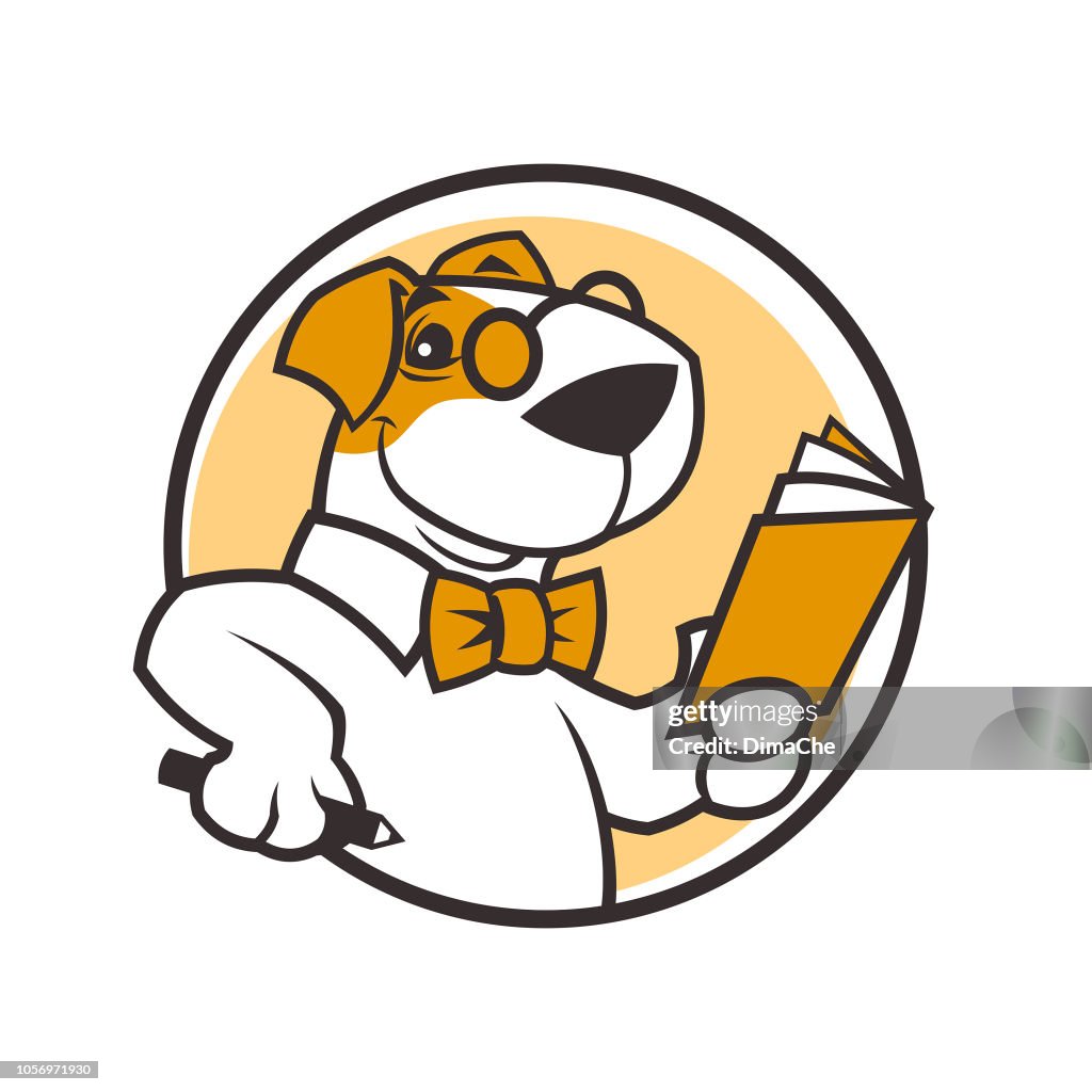 Cartoon Dog Character In Glasses And Bow Tie With Book And Pencil In Hands  High-Res Vector Graphic - Getty Images