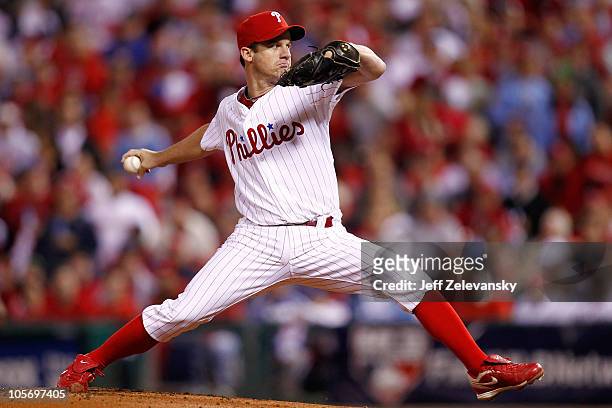 Pitcher Roy Oswalt of the Philadelphia Phillies pitches against the San Francisco Giants in Game Two of the NLCS during the 2010 MLB Playoffs at...