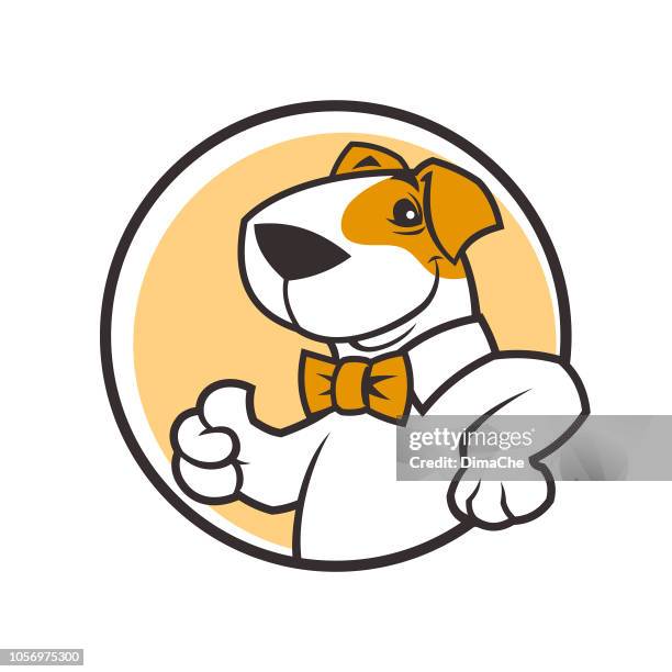 smiling cartoon dog character in bow tie with thumb up - pet equipment stock illustrations