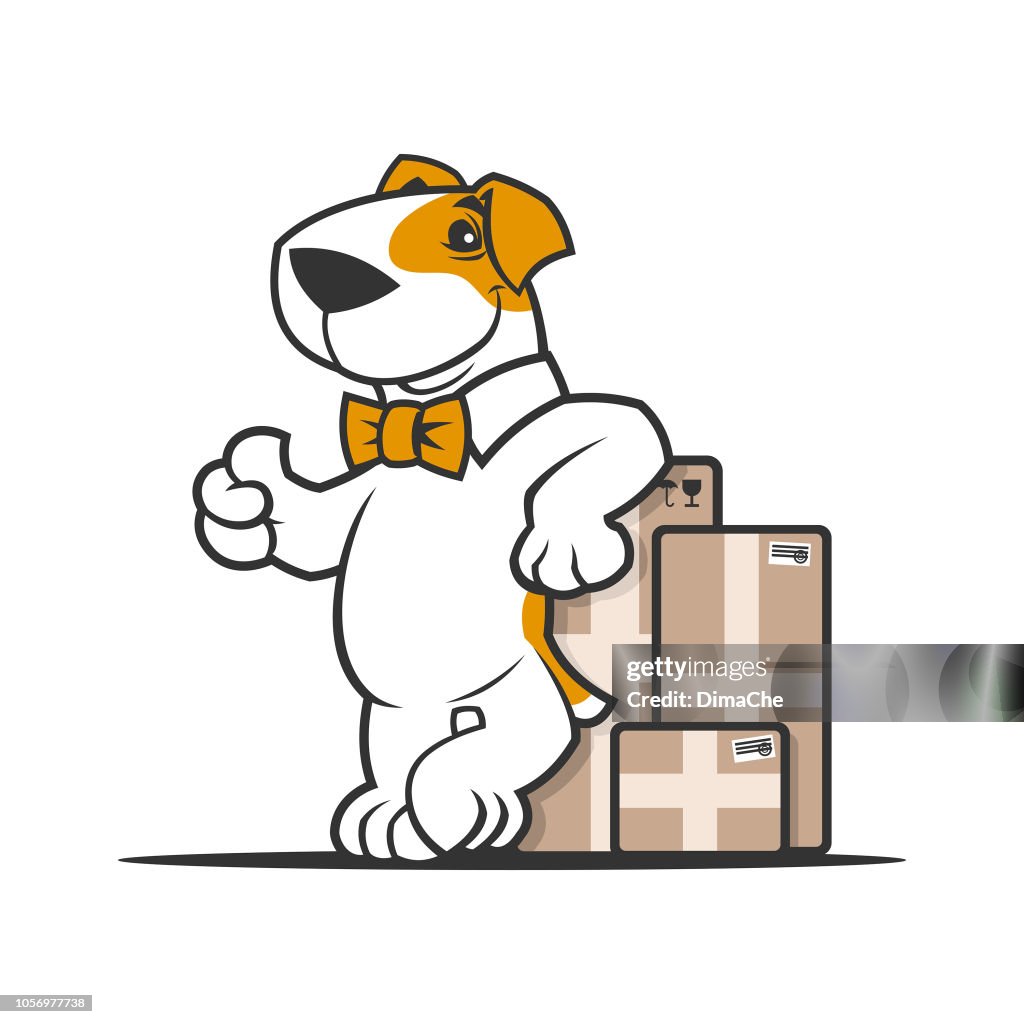 Personaje De Dibujos Animados Perro En Pajarita Cerca Cajas De Paquetería  Mostrando Pulgar Ilustración de stock - Getty Images