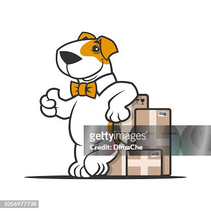 Personaje De Dibujos Animados Perro En Pajarita Cerca Cajas De Paquetería  Mostrando Pulgar Ilustración de stock - Getty Images