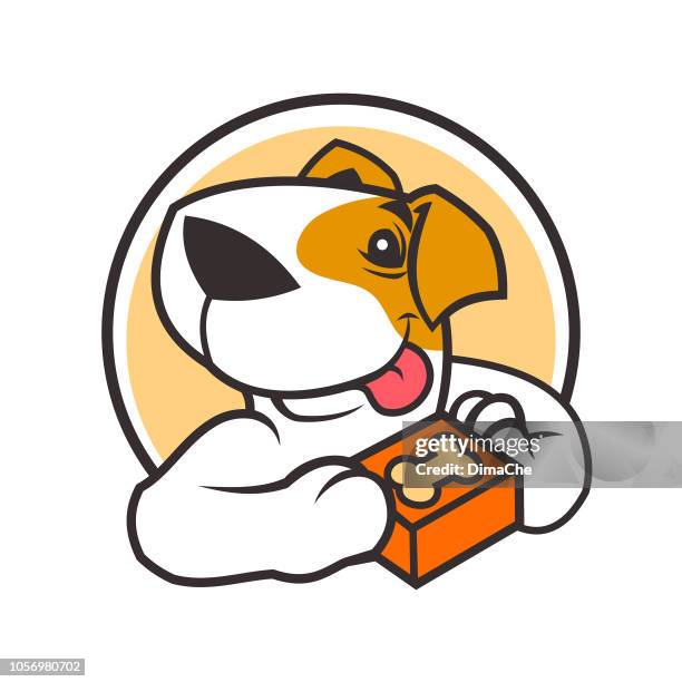 ilustrações, clipart, desenhos animados e ícones de personagem de cão dos desenhos animados com caixa em patas - loja de animais de estimação