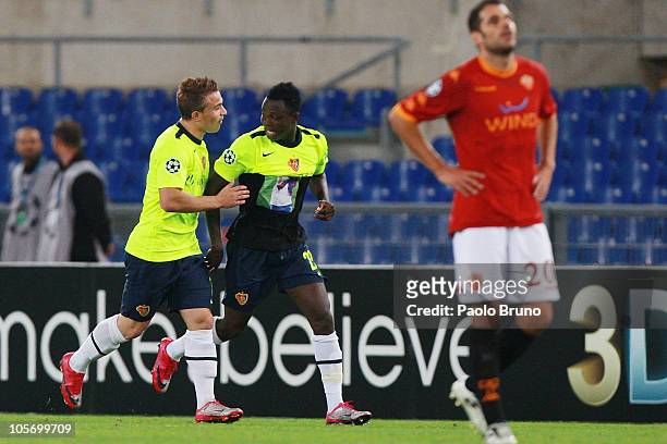 Samuel Inkoom with his teammate Xherdan Shaquiri of FC Basel celebrates after scoring the second goal during the UEFA Champions League group E match...