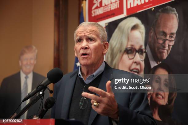 President Oliver North speaks to support Republican U.S. Senate candidate Josh Hawley during a campaign stop with Hawley at the Jefferson County GOP...