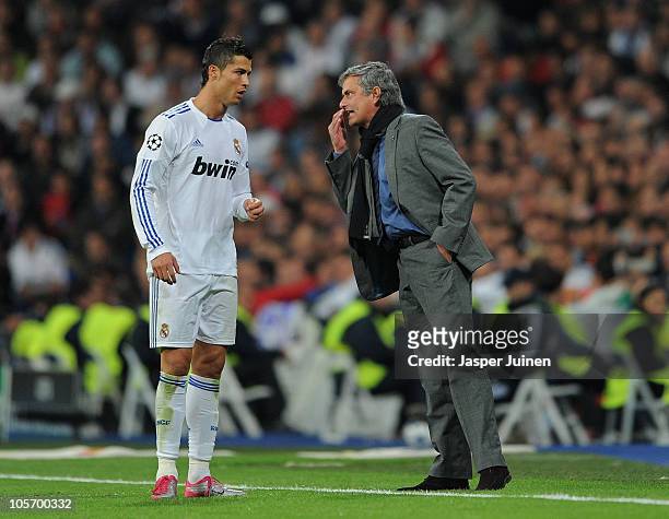 Head Coach Jose Mourinho of Real Madrid instructs Cristiano Ronaldo during the UEFA Champions League group G match between Real Madrid and AC Milan...