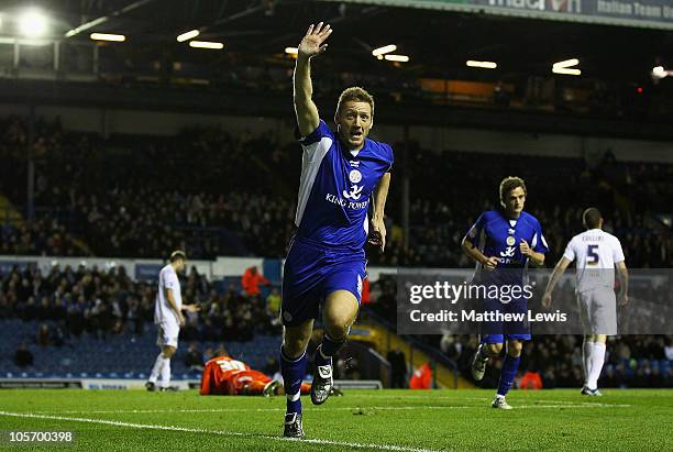 Steve Howard of Leicester celebrates scoring his teams second goal during the npower Championship match between Leeds United and Leicester City at...