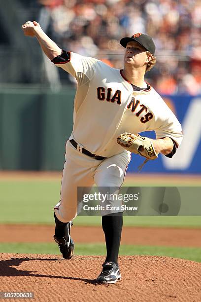 Matt Cain of the San Francisco Giants pitches in the first inning against the Philadelphia Phillies in Game Three of the NLCS during the 2010 MLB...