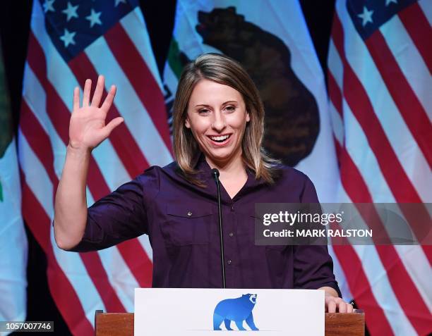 Democrat Katie Hill, who is running for Congress in California's 25th District, speaks at a campaign rally before the mid-term elections in Santa...