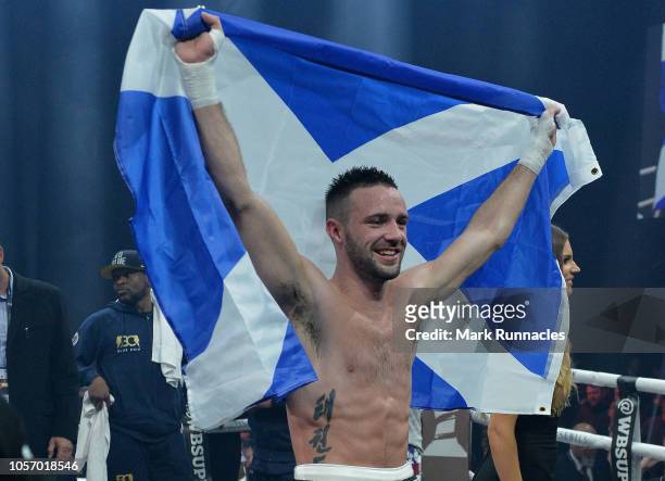 Josh Taylor of United Kingdom celebrates after beating Ryan Martin of USA in the World Boxing Council Silver Super Lightweight Title bout during the...