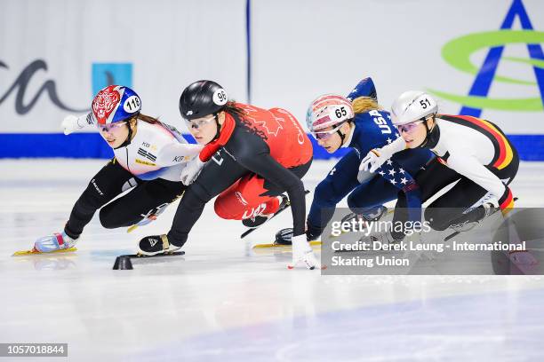 Noh Ah Rum of Korea earns the fastest time of 2:20.526 in the 1500m women's semifinal during the ISU World Cup Short Track Calgary at the Olympic...