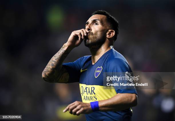 Carlos Tevez of Boca Juniors celebrates after scoring the first goal of his team during a match between Boca Juniors and Tigre as part of Superliga...