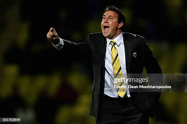 Watford Manager Malky Mackay screams instructions from the sidelines during the npower Championship match between Watford and Ipswich Town at...