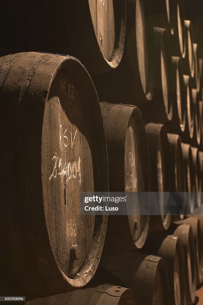 Wine barrels in a cellar