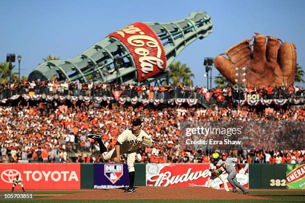 Matt Cain of the San Francisco Giants pitches in the seventh inning against the Philadelphia Phillies in Game Three of the NLCS during the 2010 MLB...
