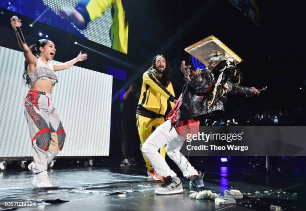 Becky G and Steve Aoki perform onstage at iHeartRadio Fiesta Latina at AmericanAirlines Arena on November 3, 2018 in Miami, Florida.
