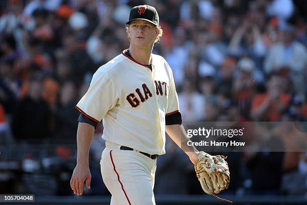 Matt Cain of the San Francisco Giants walks off the field in the middle of the seventh inning against the Philadelphia Phillies in Game Three of the...