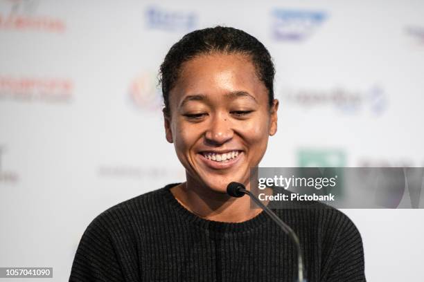 Saturday October 20, 2018: Noami Osaka of Japan fields questions from the media at the press conference for the BNP Paribas WTA Finals Singapore...