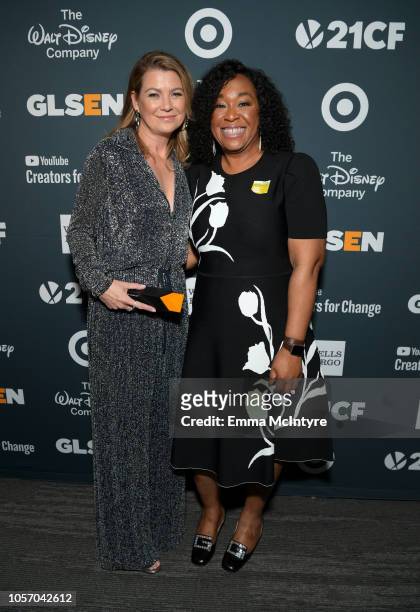 Ellen Pompeo and Shonda Rhimes attend the GLSEN Respect Awards at the Beverly Wilshire Four Seasons Hotel on October 19, 2018 in Beverly Hills,...