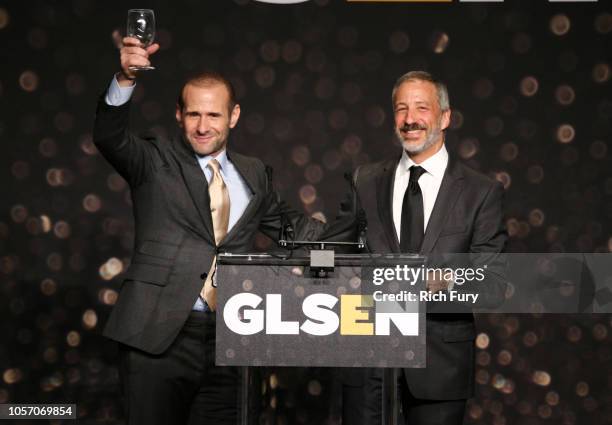 Max Mutchnick and David Kohan speak onstage at the GLSEN Respect Awards at the Beverly Wilshire Four Seasons Hotel on October 19, 2018 in Beverly...