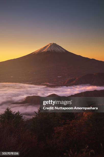 mt.fuji with fog and autumn leaves - farbsättigung stock-fotos und bilder