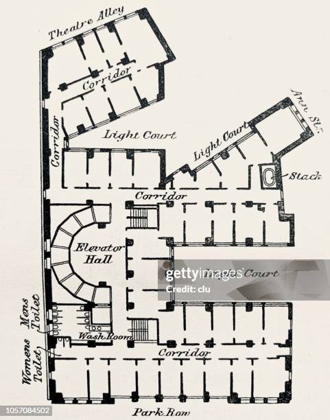 ilustraciones, imágenes clip art, dibujos animados e iconos de stock de plan de un piso del park row building de nueva york - piso de edificio