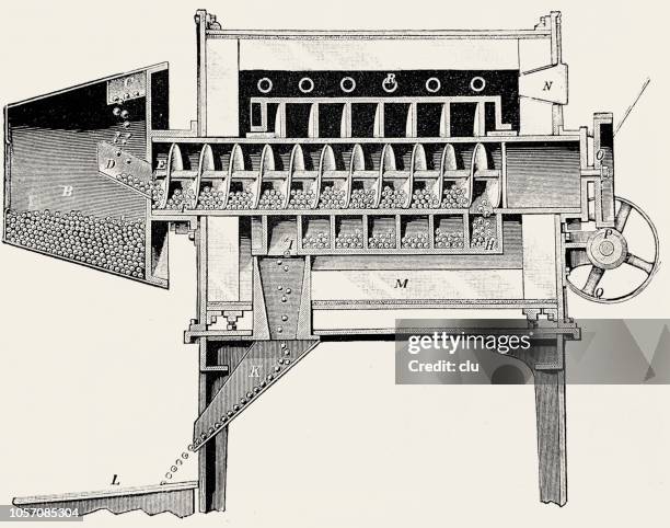 glowing furnace for hardening steel balls - cross section - smelting cartoon stock illustrations
