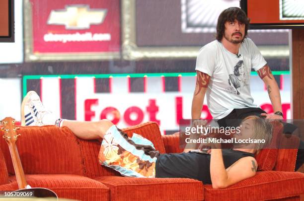 Dave Grohl and Taylor Hawkins of the Foo Fighters during Foo Fighters Take Over MTV2 - "24 Hours of Foo" - June 11, 2005 at MTV Building in New York...