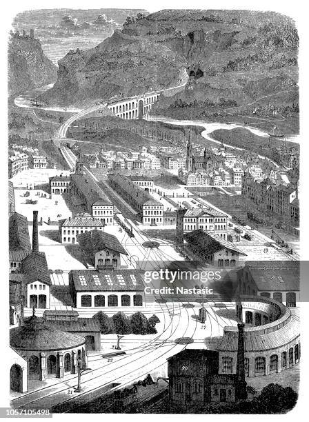 a railroad establishment with surroundings - crowded train platform stock illustrations