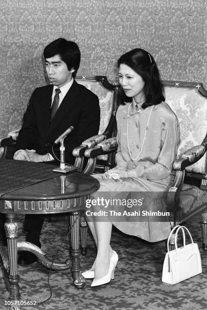 Prince Norihito of Mikasa and fiancee Hisako Tottori attend a press conference on their engagement at the Imperial Household Agency on August 1, 1984...