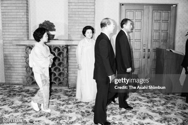 South Korean President Chun Doo-hwan, his wife Lee Soon-ja, Japanese Prime Minister Yasuhiro Nakasone and his wife Tsutako are seen prior to their...