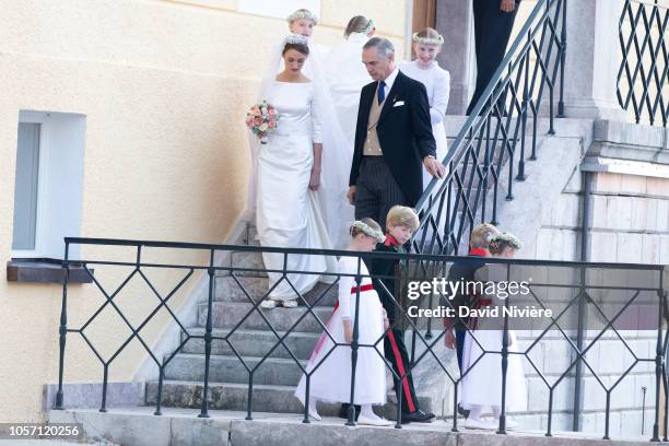 Duchess Sophie of Wurtemberg arrives at the Saint-Quirin Church prior her wedding with her father, Prince Philip of Wurtemberg at the Castle of...